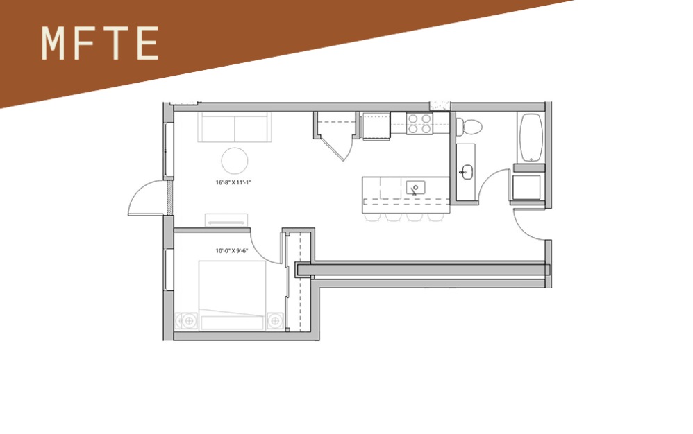 1x1 - 75%  - 1 bedroom floorplan layout with 1 bathroom and 582 - 869 square feet (Floor 2)