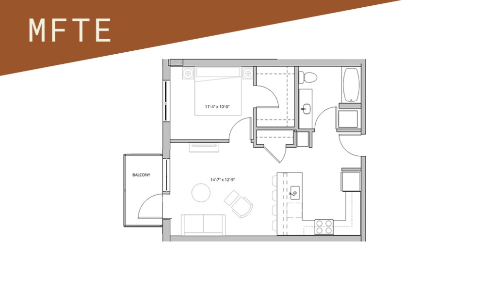 1x1 - 75%  - 1 bedroom floorplan layout with 1 bathroom and 582 - 869 square feet (Floor 1)