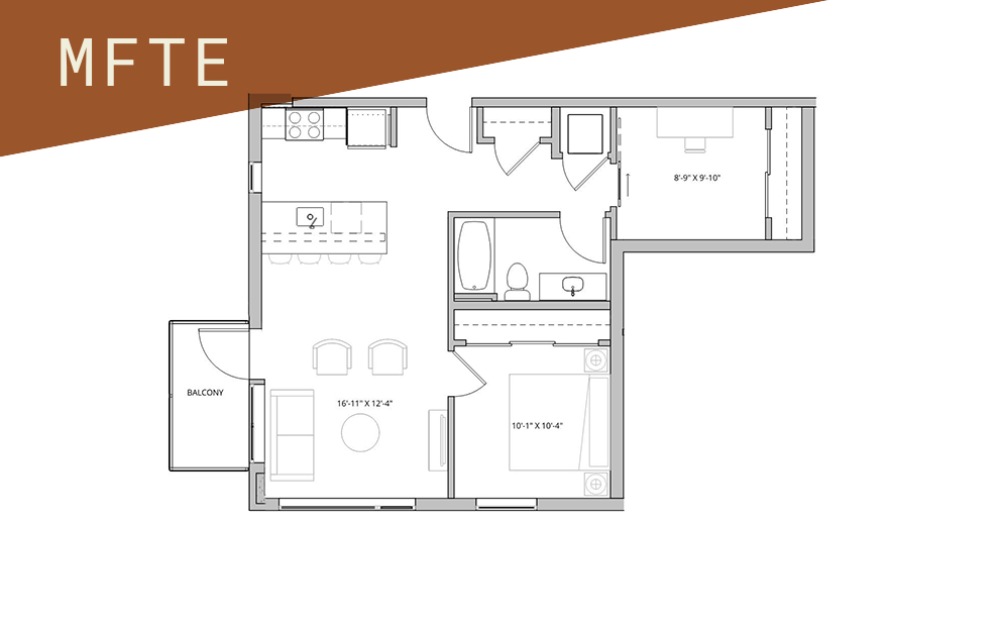 1x1 + Den - 75%  - 1 bedroom floorplan layout with 1 bathroom and 757 - 917 square feet (Floor 1)