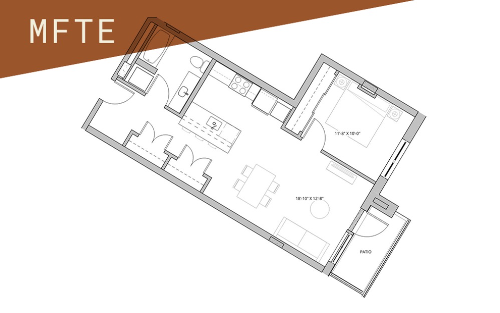 1x1 - 75%  - 1 bedroom floorplan layout with 1 bathroom and 582 - 869 square feet (Floor 5)