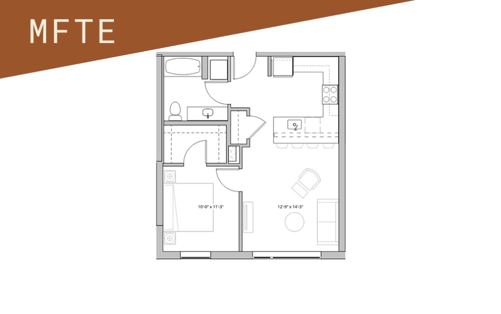 1x1 - 75%  - 1 bedroom floorplan layout with 1 bathroom and 582 - 869 square feet (Floor 3)