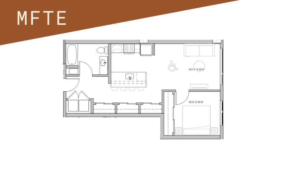 1x1 - 75%  - 1 bedroom floorplan layout with 1 bathroom and 582 - 869 square feet (Floor 4)