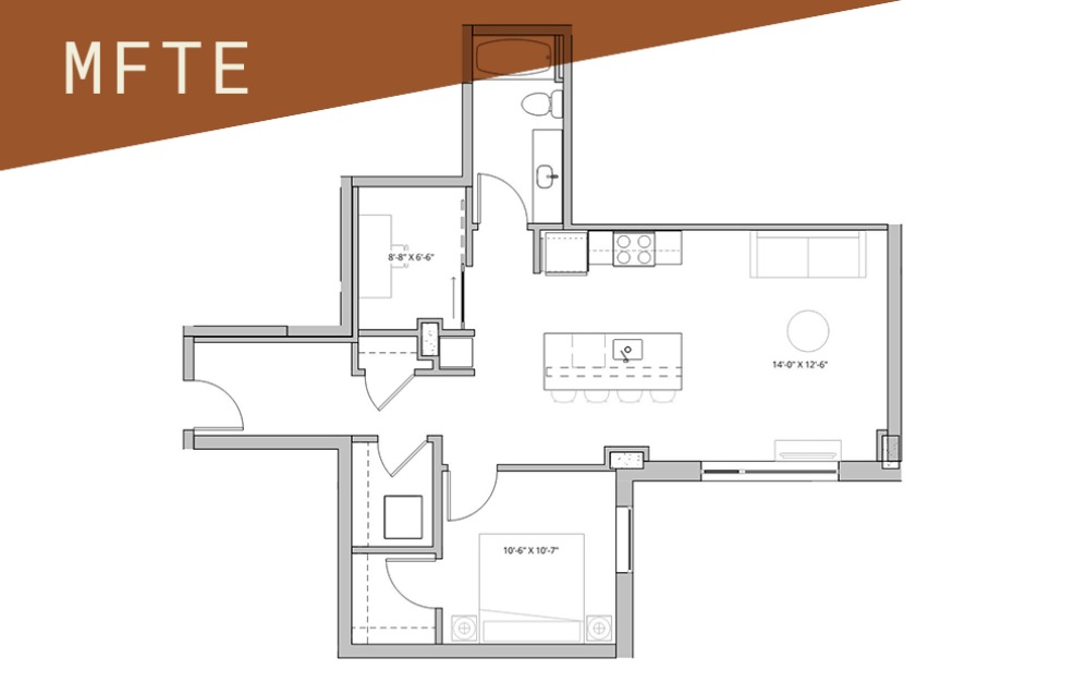 1x1 + Den - 75%  - 1 bedroom floorplan layout with 1 bathroom and 757 - 917 square feet (Floor 4)