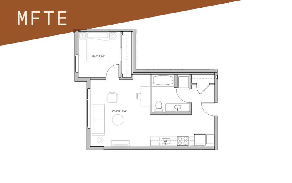 1x1 - 75%  - 1 bedroom floorplan layout with 1 bathroom and 582 - 869 square feet (Floor 7)