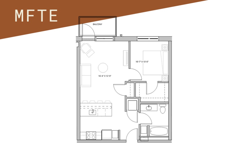 1x1 - 75%  - 1 bedroom floorplan layout with 1 bathroom and 582 - 869 square feet (Floor 9)