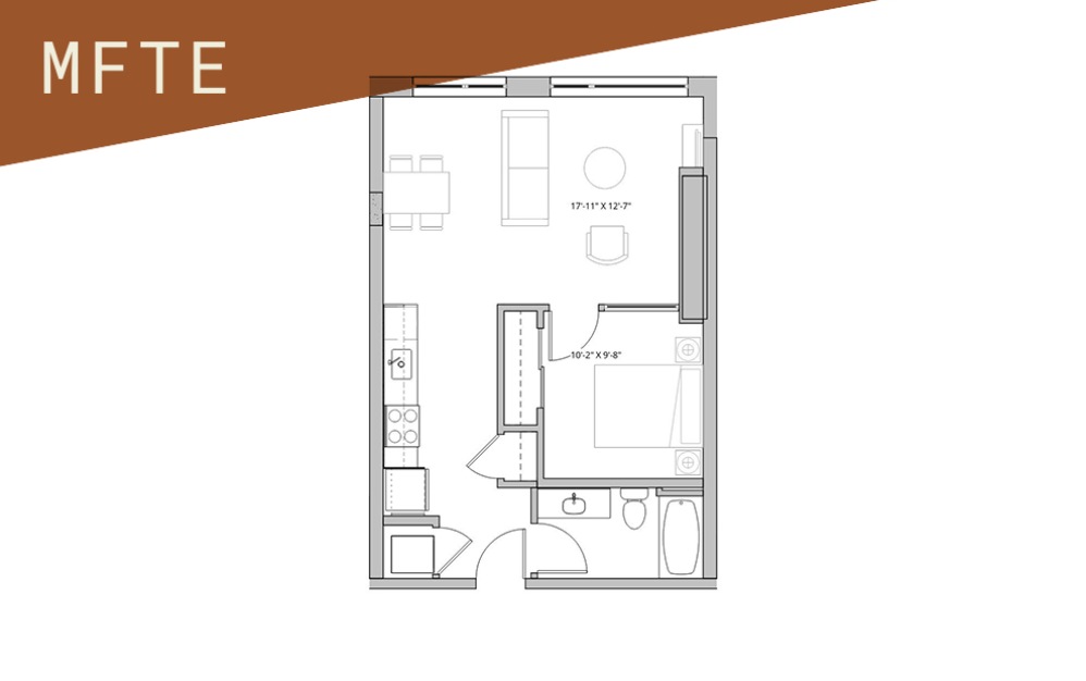 Open 1x1 - 65%  - 1 bedroom floorplan layout with 1 bathroom and 579 - 677 square feet (Floor 4)