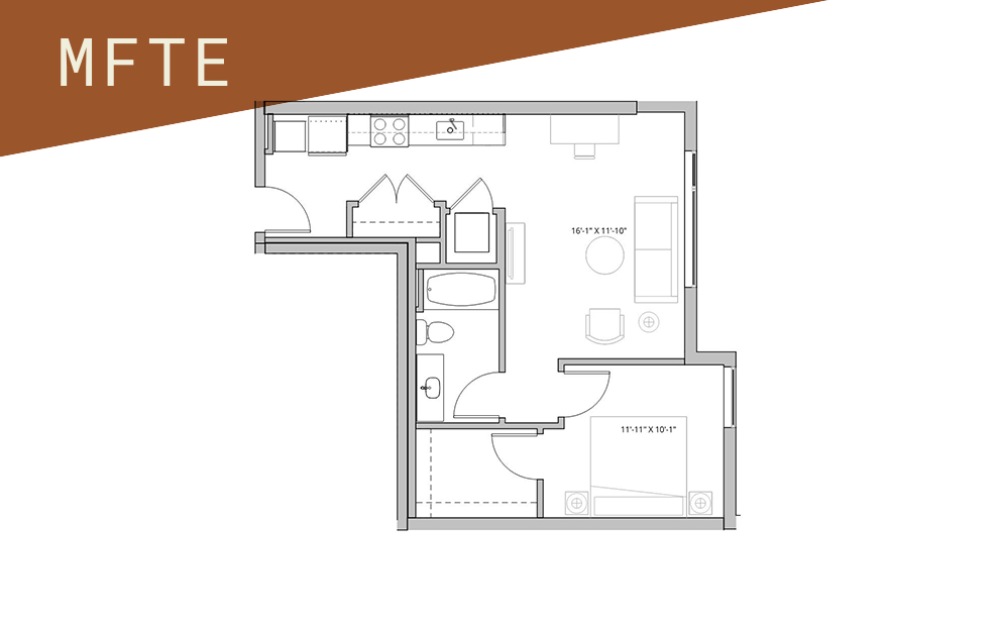 1x1 - 75%  - 1 bedroom floorplan layout with 1 bathroom and 582 - 869 square feet (Floor 8)