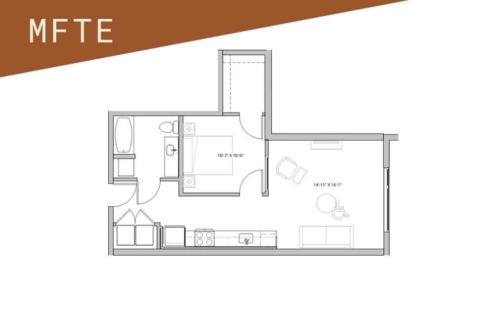 Open 1x1 - 65%  - 1 bedroom floorplan layout with 1 bathroom and 579 - 677 square feet (Floor 5)