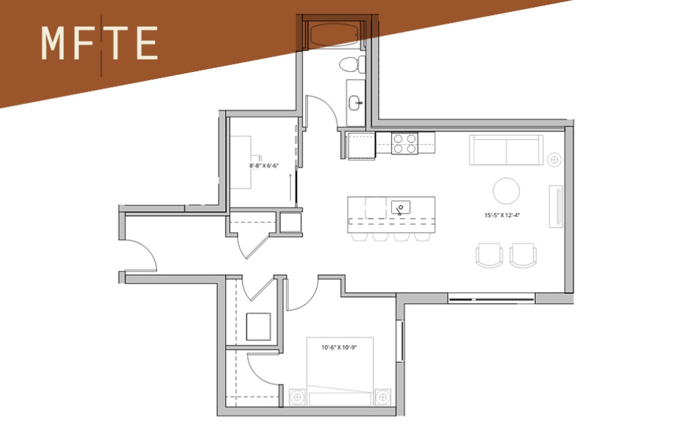 1x1 + Den - 75%  - 1 bedroom floorplan layout with 1 bathroom and 757 - 917 square feet (Floor 5)