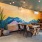 mountain mural with seating in front