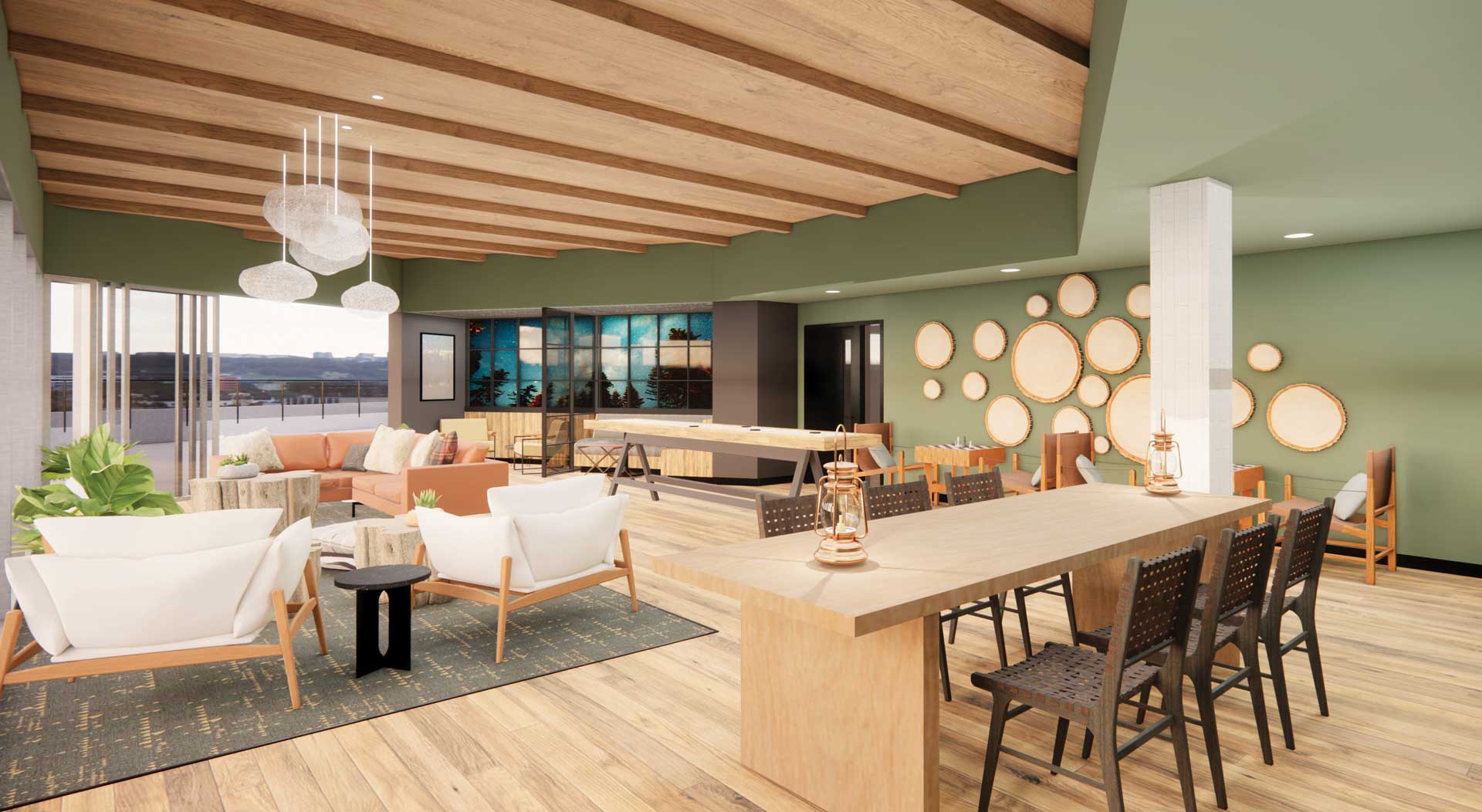Interior rendering of Summit Lounge at Cascara Apartments